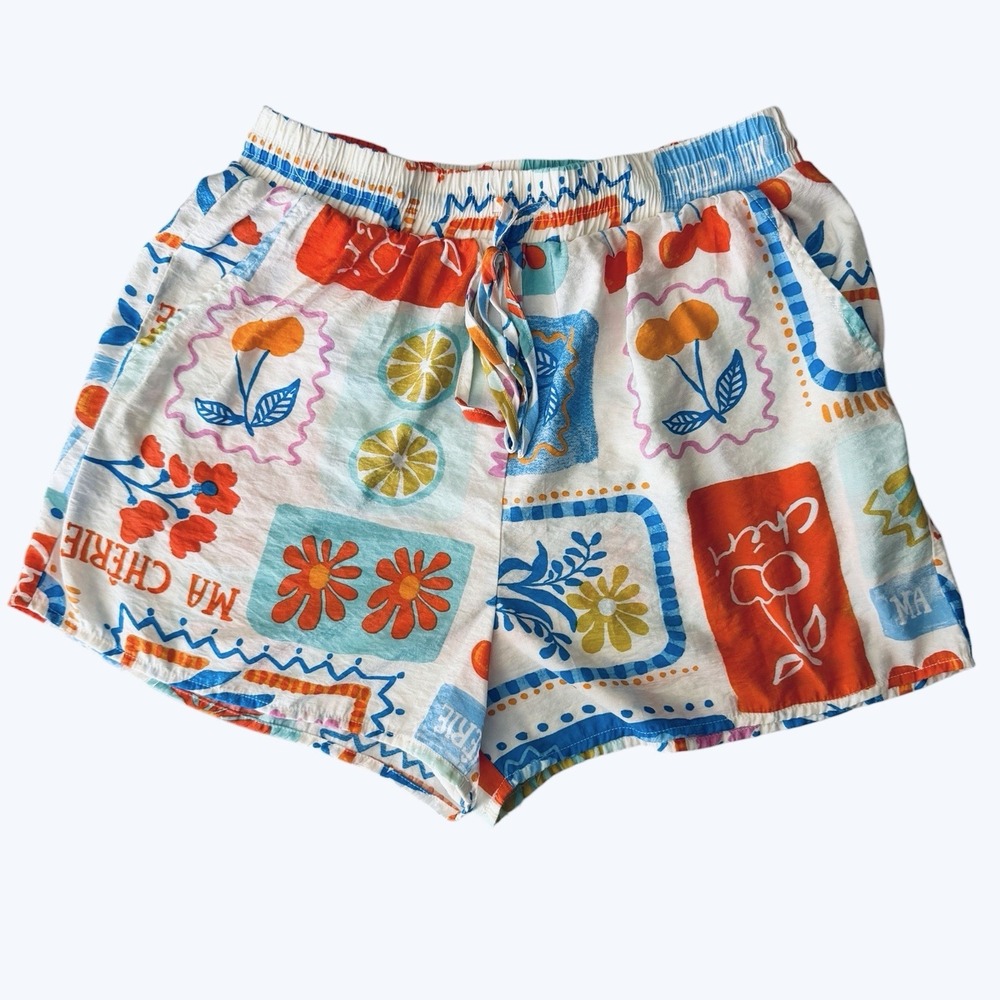 Mediterranean Summer Rayon Shorts Sz S Mon Cherie Patchwork Coastal Chic Pockets